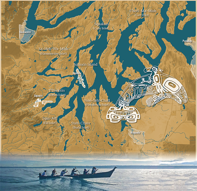 A blue and tan map of the seven inlets comprising Squaxin Island homewaters, with a white artistic fish superimposed.