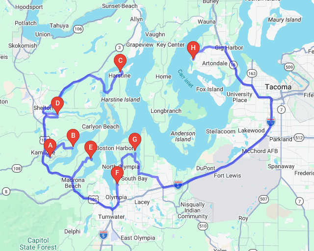 A screenshot of a map showing the eight different stops along the Squaxin Island Tribe Maritime Heritage Trail.