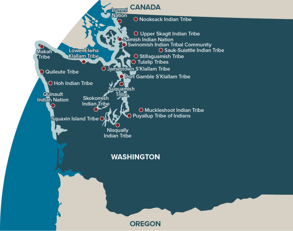 A map of Washington State featuring red dots labeled with Tribe names