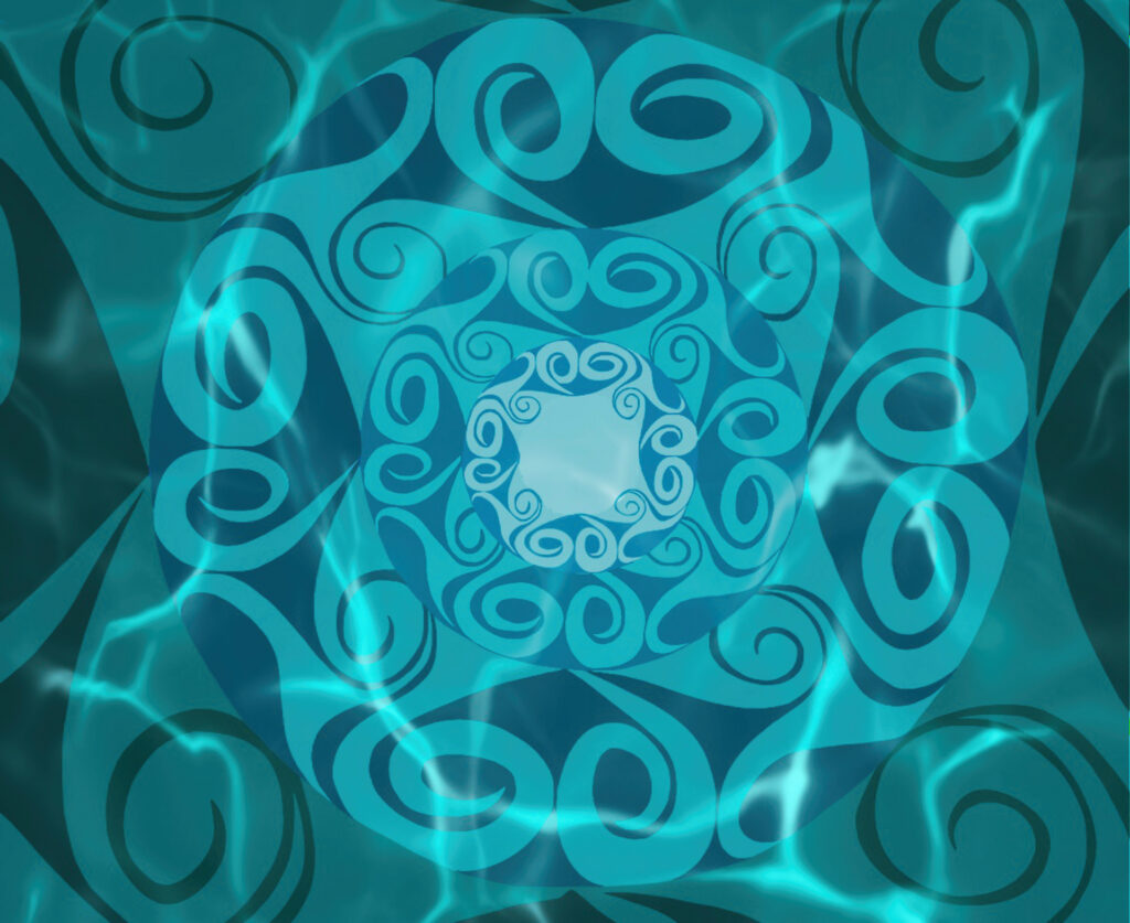 A piece of artwork featuring swirling water textures and shapes in varying shades of blue and teal