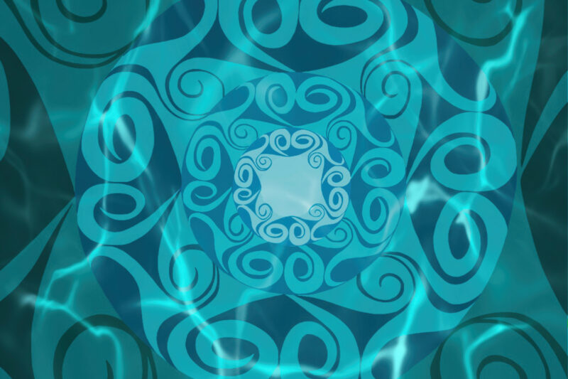 A piece of artwork featuring swirling water textures and shapes in varying shades of blue and teal